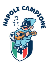 pulcinella cartoon mask plays mandolin on italian flag naples style
