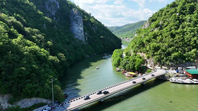 Drone footage of statue of a head on Danube river, Romania