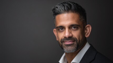 Obraz premium Executive in studio with a gray background showing a confident pose and slight smile conveying professionalism and approachability.