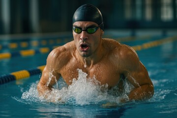 Focused swimmer in competitive pool.