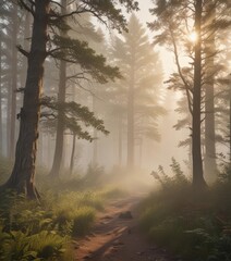 Obraz premium Soft fog drifts through old-growth forest at sunrise, creating a vintage feel , still, landscape