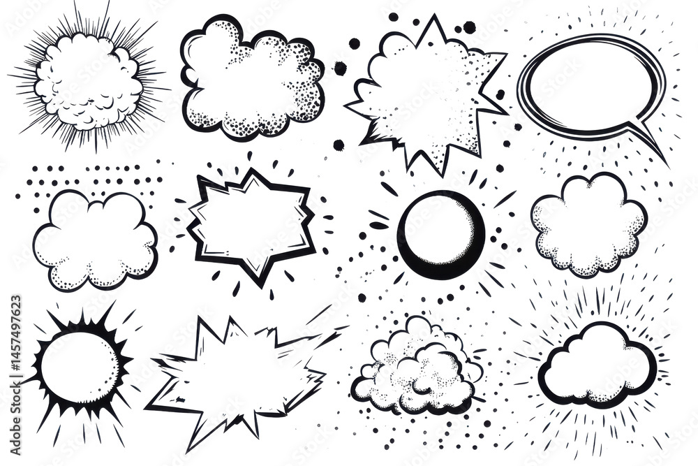 Poster a grayscale image showing twelve speech bubbles of varying shapes scattered across a textured backgr
