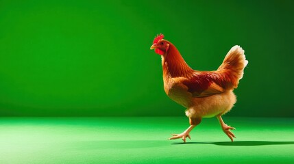 Brown hen running on vibrant green background