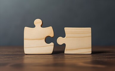 Connecting Pieces: Two light wooden jigsaw puzzle pieces, almost connected, sit on a dark wooden surface against a gray background. This image symbolizes connection, teamwork, and problem-solving. 