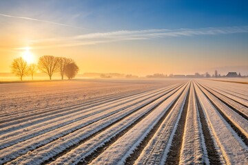 Obraz premium Sunrise over a Frozen Field: Serene shot of a vast, frost-covered agricultural field bathed in the soft glow of sunrise, with rows leading the eye to the horizon.