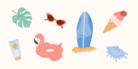 Summer holiday flat vector set with flamingo float, tropical leaf, sunglasses, surfboard, sunscreen, ice cream and shell. Cute colorful beach vacation clipart, isolated on light background.