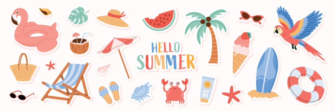 Summer beach sticker set with cute tropical elements. Vector illustrations of flamingo float, palm tree, sunglasses, ice cream, surfboard, crab, hat, and beach accessories.