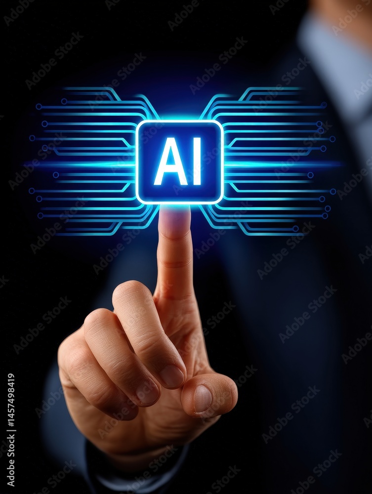Poster a hand pressing an ai button surrounded by digital circuitry on a dark background.