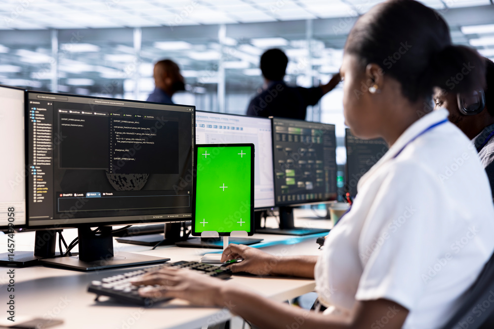 Poster server room computer scientist using green screen tablet to find firewall misconfigurations. it spec