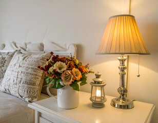 Elegant Bedroom Nightstand Decor Lamp, Flowers, and Candle
