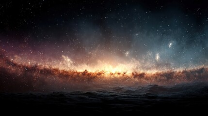 Fototapeta premium Misty landscape at dawn with shimmering light and droplets of water.