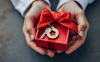New Home Keys Gift: A pair of house keys attached to a small wooden house charm sits atop a red gift box tied with a vibrant red ribbon, held gently in caring hands.