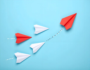 Naklejka premium Red Paper Airplane Leading White Ones, Innovation, Success, Competition