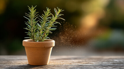 Fresh rosemary swaying in light breeze on sunny day in clay pot