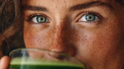 Close-up of a young woman drinking green juice at a wellness center, with branding elements emphasizing vitality, health, and wellness brand philosophy