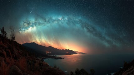 Stunning coastal landscape with a vibrant sunset and starry sky above the mountains.