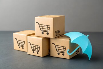Secure Delivery: An abstract concept of secure delivery, showcasing packages with shopping cart symbols, protected by a blue umbrella, symbolizing safe and reliable service.