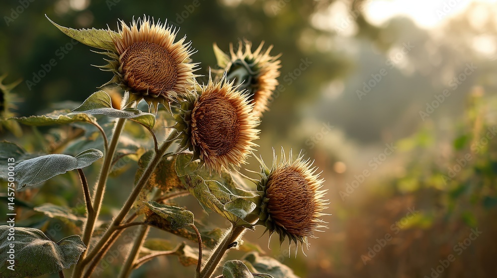 Poster sunflower buds in a natural setting with a soft, blurred background of greenery.
