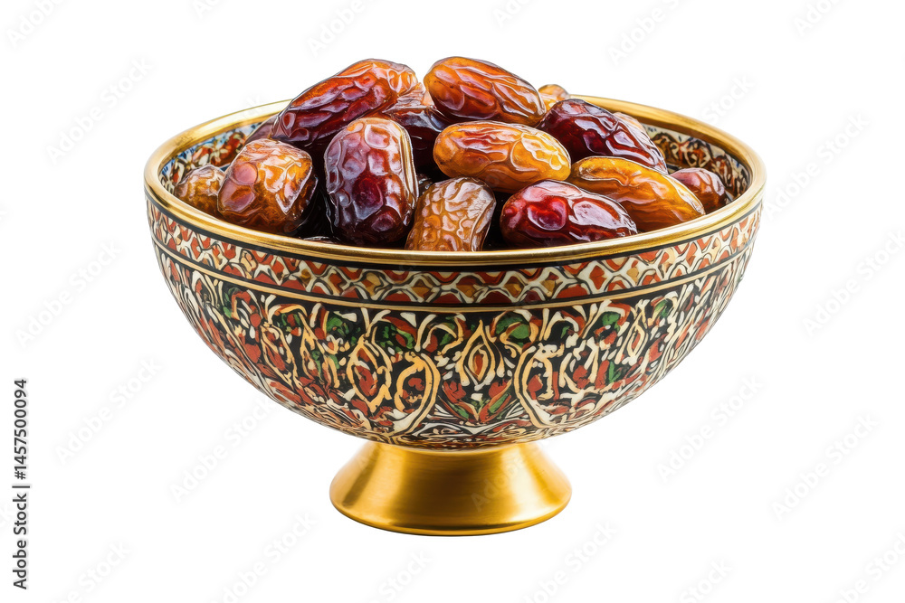 Poster a golden bowl filled with a variety of dates displayed against a dark background in a studio setting