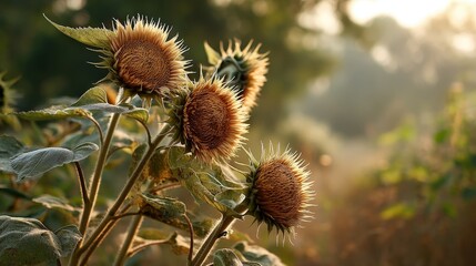 Obraz premium Sunflower buds in a natural setting with a soft, blurred background of greenery.