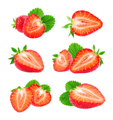 Sliced Strawberries in Vibrant Crimson Hue with Bright Green Leaves, Isolated on Transparent Background