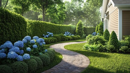 Fototapeta premium Serene garden path winds through lush landscaping. A well-maintained walkway meanders through a garden filled with vibrant blue hydrangeas, neatly trimmed hedges, and various greenery.