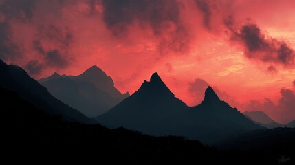 Dramatic mountain silhouette against a vibrant red sunset sky.