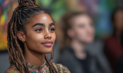 Obraz premium group of diverse people at art exhibition in gallery