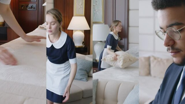 Split screen shot of young female Caucasian housekeeper in uniform and apron cleaning hotel room, changing linen, male Biracial manager taking control during workday