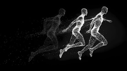 Abstract human figures in motion made of lines and dots floating in a dark space. [Graviton Cities] | Gravitational Mirage | floating illusion. Illustration