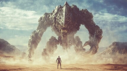 Confrontation With A Colossal Mechanized Alien In A Desolate Landscape. Epic Sci-Fi Scene.
