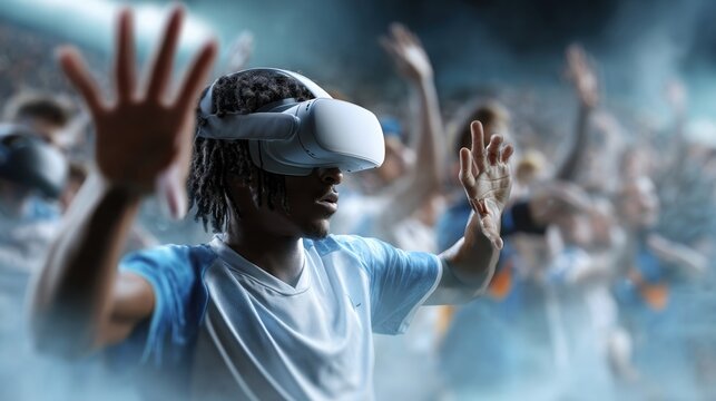 An athlete in VR gear simulating a highenergy sports competition surrounded by a cheering virtual audience and realistic athletic environments.