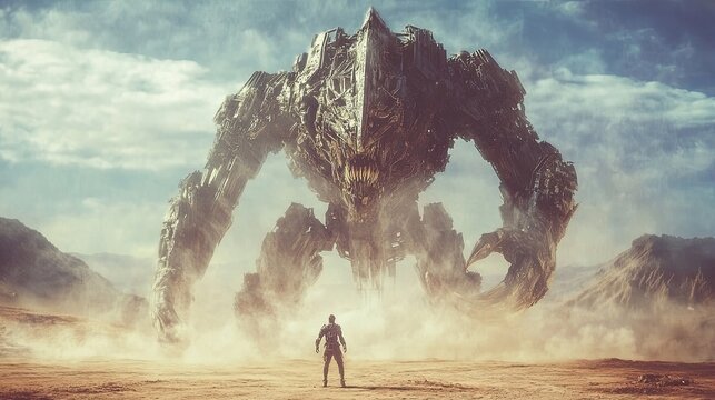 Confrontation With A Colossal Mechanized Alien In A Desolate Landscape. Epic Sci-Fi Scene.