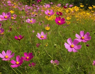 Fototapeta premium Vibrant Pink and Yellow Cosmos Flowers in a Field