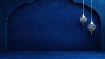 Elegant blue and gold hanging lamps on textured wall background