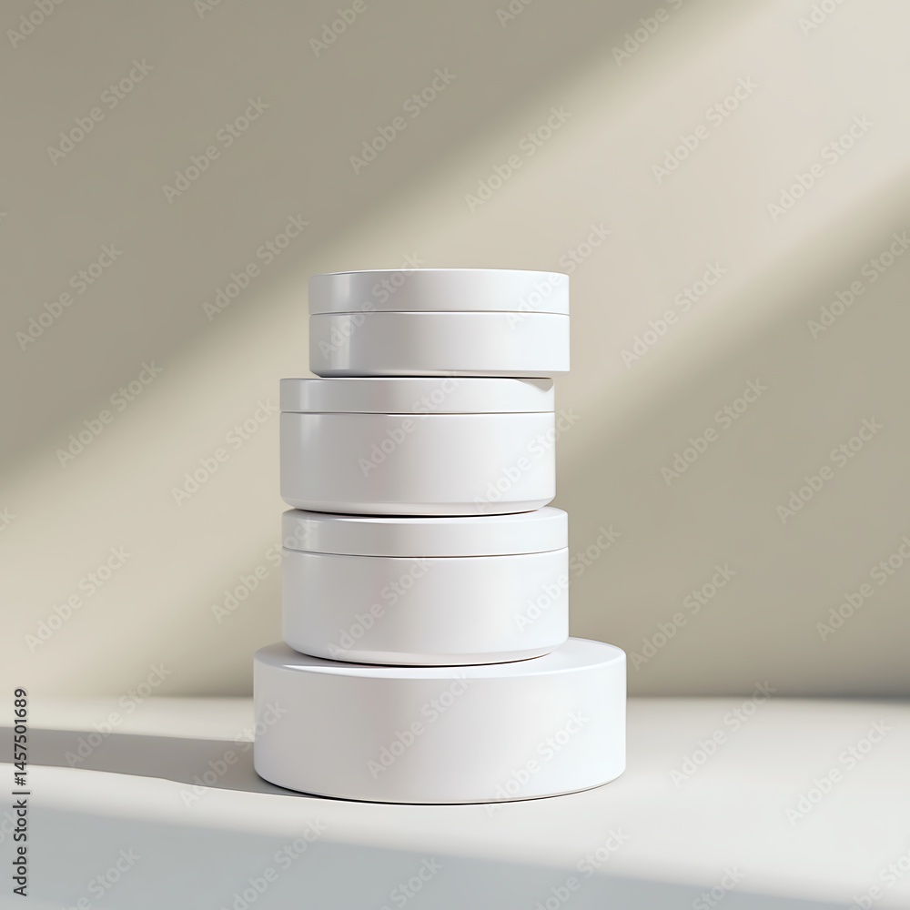Poster stacked white containers on a minimalist surface with soft shadows in a serene setting