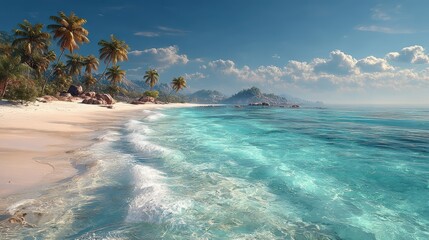 A tropical beach with clear blue water, soft sand, and swaying palm trees, perfect for a relaxing vacation getaway