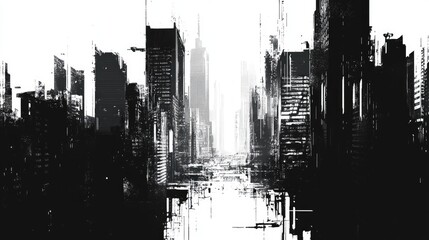 Monochrome Abstract City. Grunge Style Cityscape With High Rise Buildings.