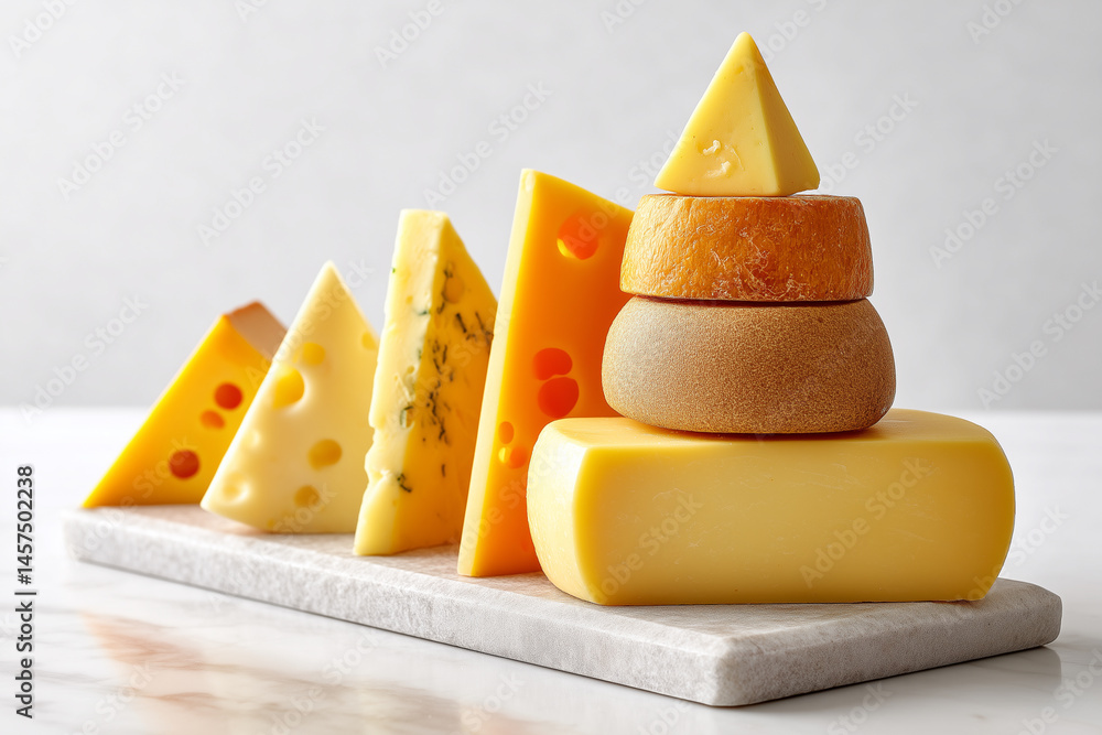 Poster cheese wedges arranged by texture displaying an artistic minimalist style on a clean white surface. 