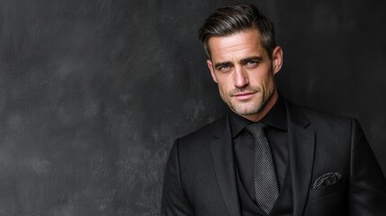 Fototapeta premium Portrait of a successful corporate lawyer, dressed in a classic black suit, exuding confidence, standing in front of a subtle grey backdrop