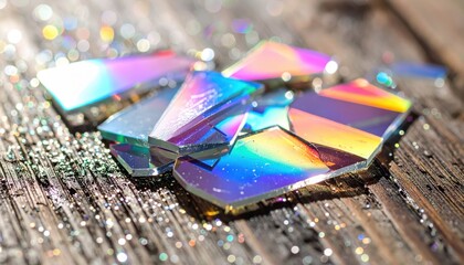 Iridescent glass shards reflect a rainbow of light against a textured wooden surface, evoking a feeling of fractured beauty and sparkling mystery.