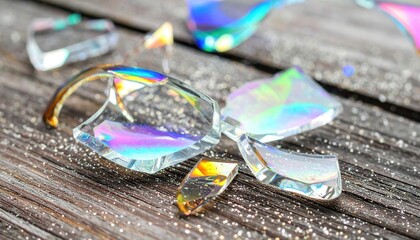 Sparkling iridescent crystal ornaments lay scattered on a textured wooden surface, evoking a festive, magical holiday mood.