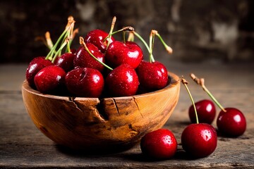 Juicy red cherries sit in a handcrafted wooden bowl on a weathered wooden surface. Their vibrant color and glistening droplets showcase their freshness in a cozy setting