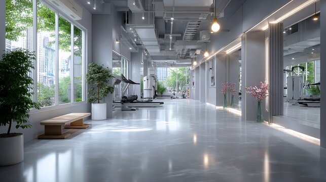 Modern gym interior with city views