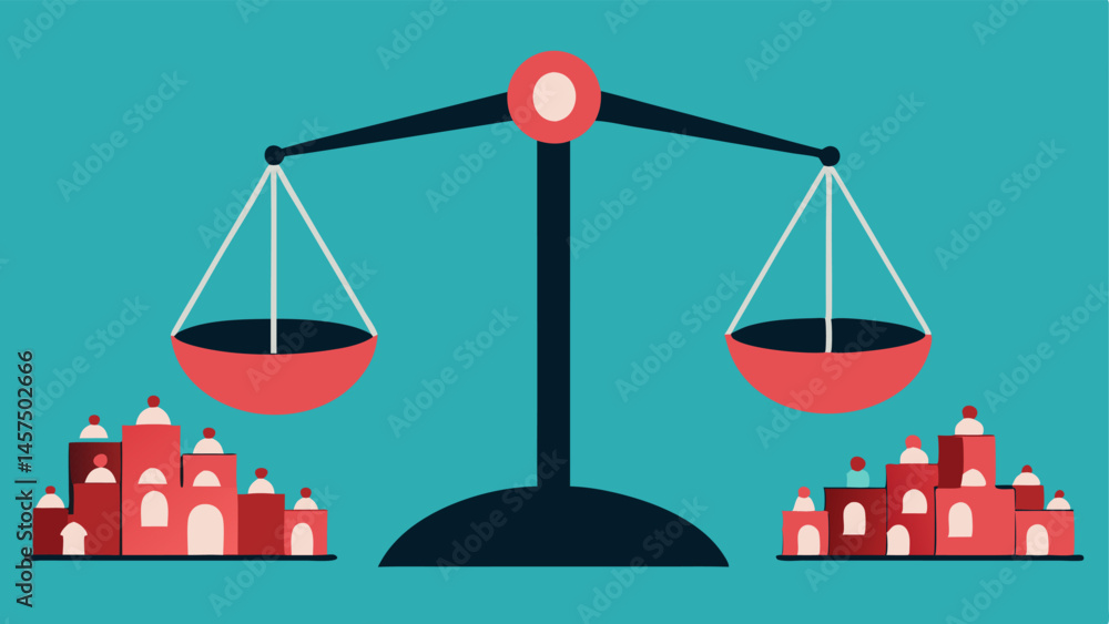 Poster broken scale a balance scale tipped heavily to one side with overcrowded cells on one side and empty