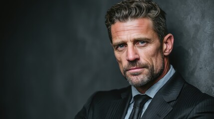 A successful corporate lawyer in a black suit, standing confidently in front of a grey backdrop, symbolizing power and determination