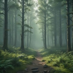 Obraz premium Deep green, unfocused forest scene, hazy atmosphere, organic, design, element