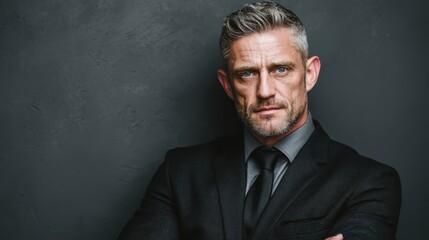 Obraz premium Confident and successful corporate lawyer in a classic black suit, standing tall against a grey background with a focused and assertive expression