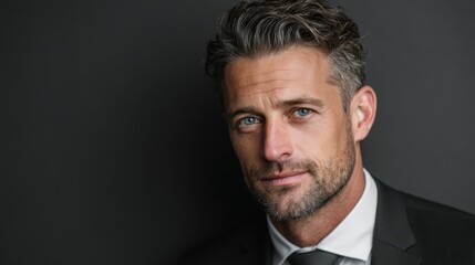 Portrait of a corporate lawyer, confident and successful, dressed in a classic black suit, with a simple grey background highlighting their professionalism