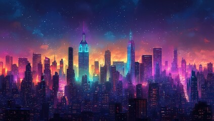 Obraz premium Vibrant cityscape at night, colorful skyline, futuristic buildings